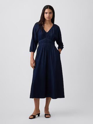 Smocked Denim V-Neck Midi Dress | Gap Factory