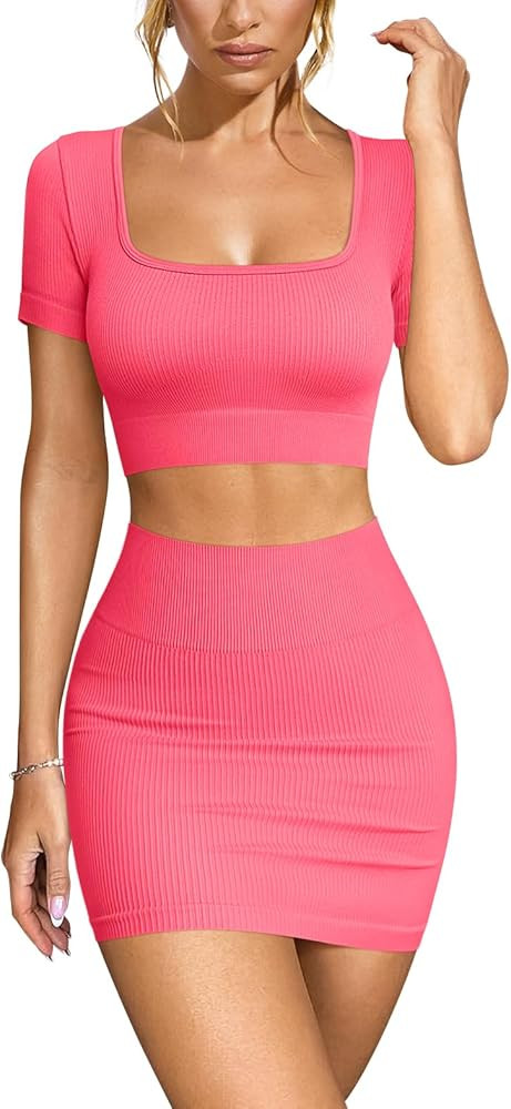 OQQ Women's 2 Piece Outfits Short Sleeve Tops and Mini Skirts Club Suit Sets | Amazon (US)