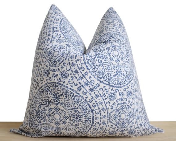 Opal | Designer Pillow Cover | Indigo and Cream | Etsy (US)