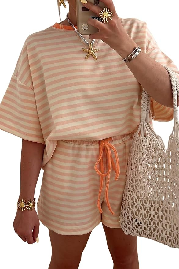 2 Piece Short Sets for Women Striped Summer Beach Vacation Outfits | Contrast Neck Short Sleeve L... | Amazon (US)