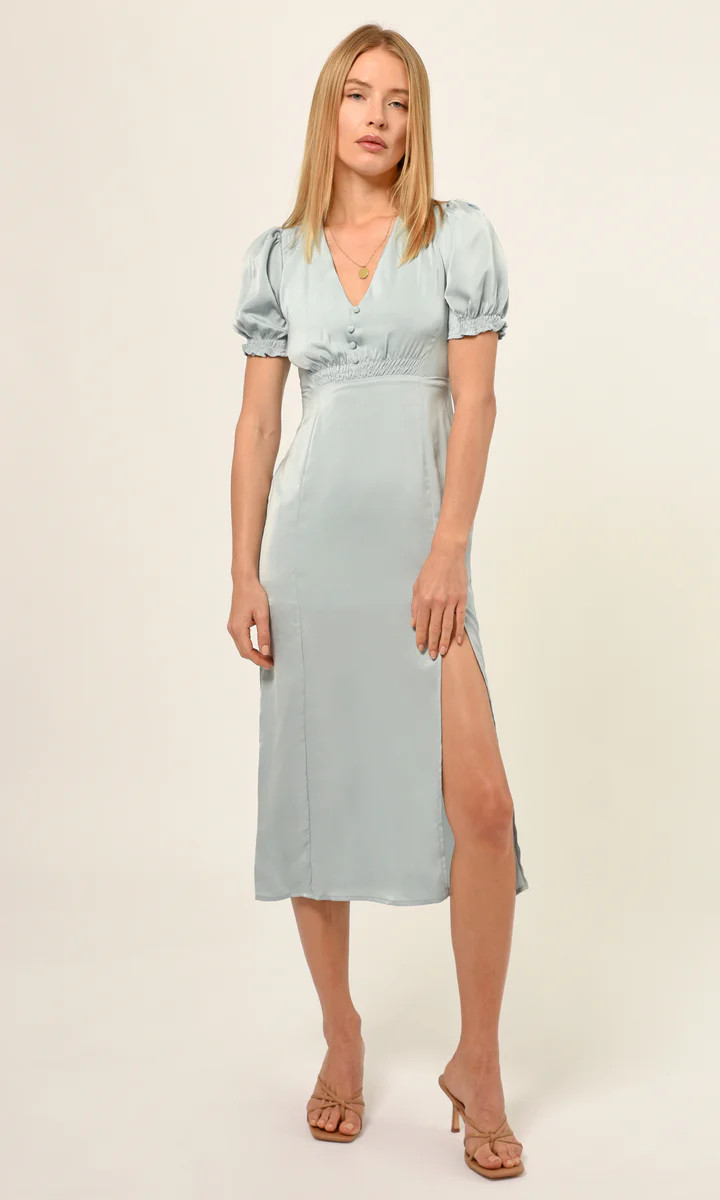 Rose Sateen Puff Sleeve Midi Dress | Greylin Collection | Women's Luxury Fashion Clothing 
