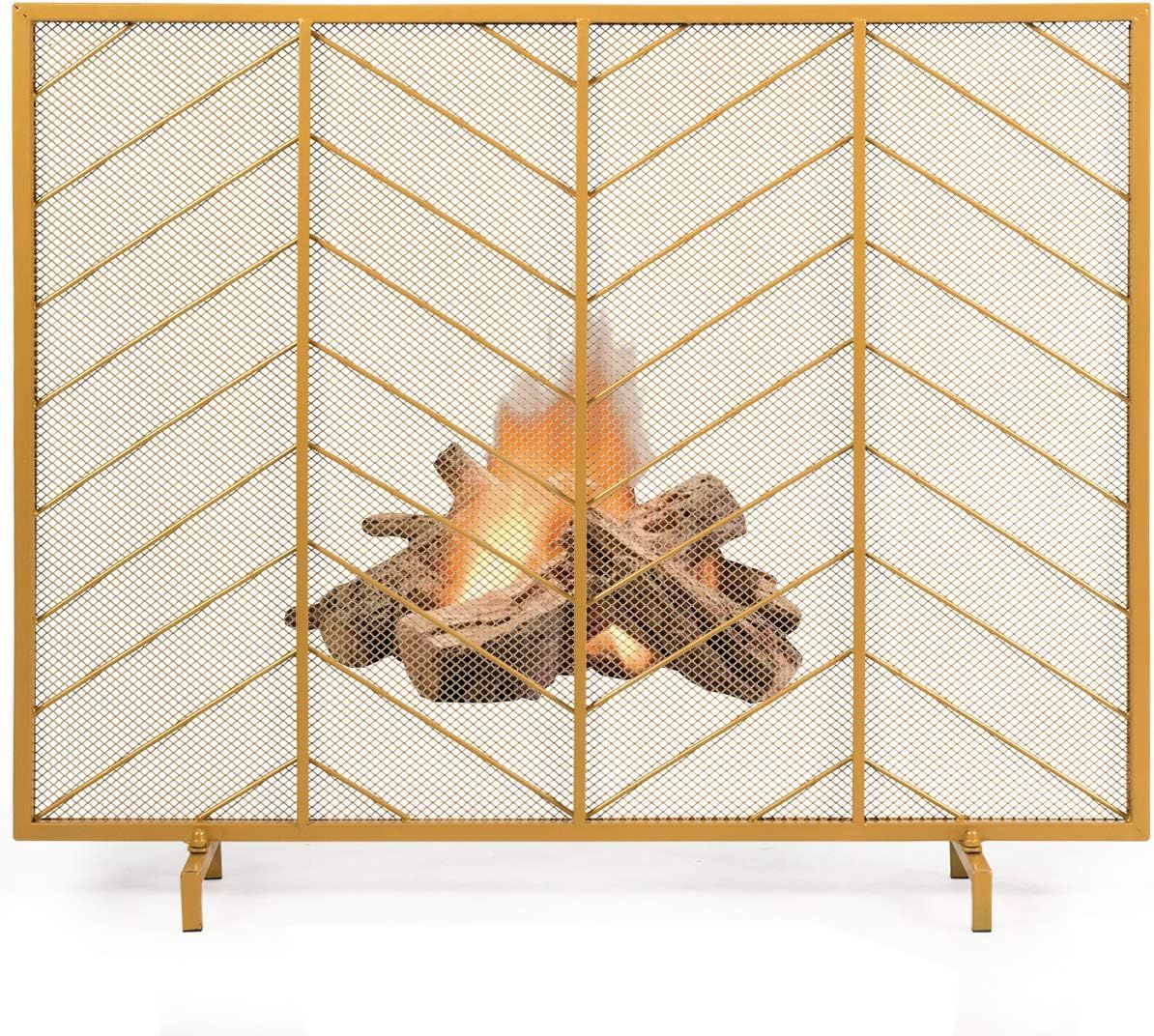 Tangkula Fireplace Screen, Contemporary Chevron Freestanding Fireplace Screen w/Sturdy Wrought Ir... | Amazon (US)