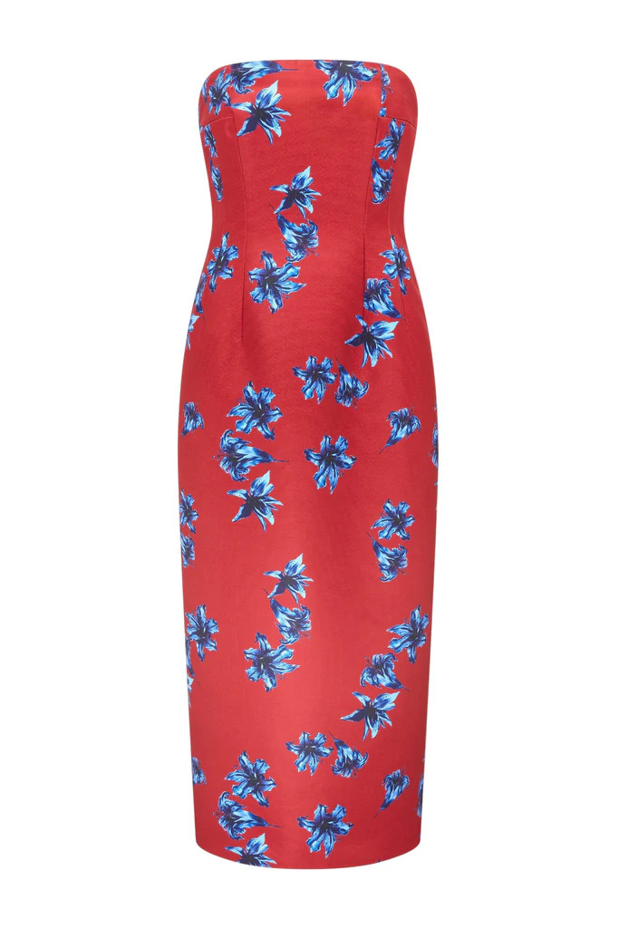 Leila Dress In Red & Blue Festive Lillies Taffeta Faille | Over The Moon