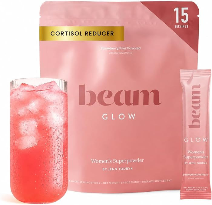 BEAM Glow Hormone Support & Cortisol Supplement for Women - Daily Vitamins for Women with Ashwagandha, Selenium, Zinc, Vitamin A, Biotin for Cycle Health, Mood & Energy, Strawberry Kiwi, 15 Servings | Amazon (US)