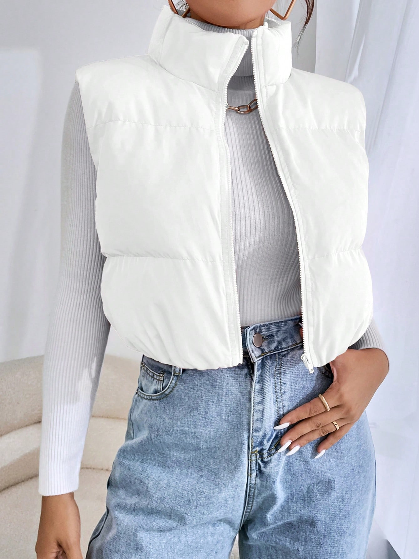 SHEIN EZwear Casual Solid Color Zipper Up Short Puffer Vest Jacket, For Autumn/Winter | SHEIN USA | SHEIN