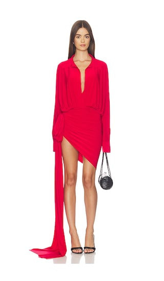 Oversized Shirt Side Drape Dress With Bow in Tiger Red | Revolve Clothing (Global)