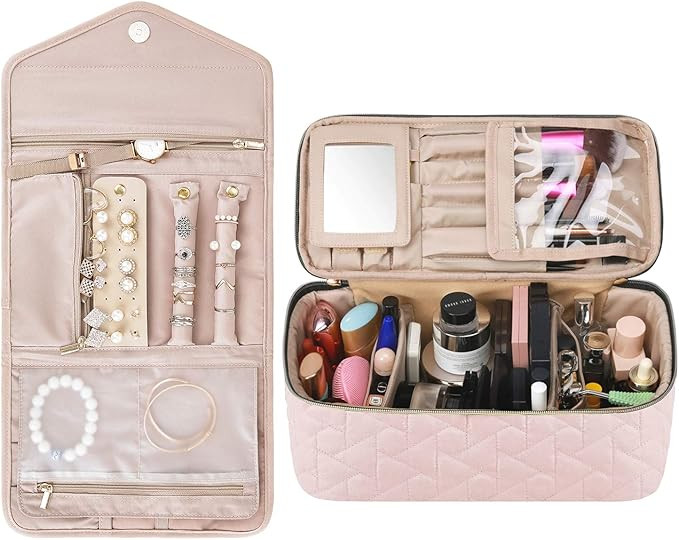 BAGSMART Jewelry Organizer Roll with Makeup Bag, Pink | Amazon (US)