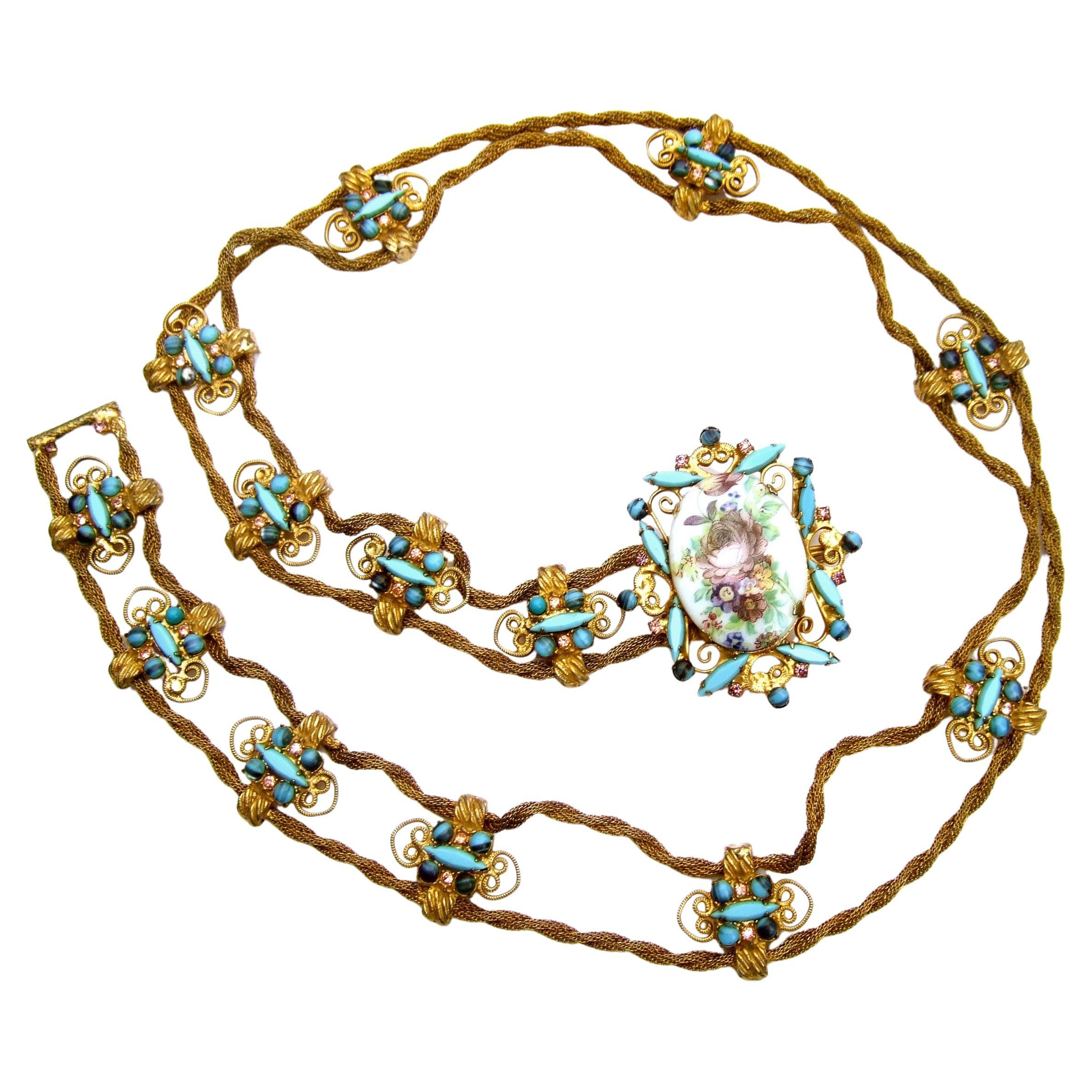 Juliana "Style" Romantic Porcelain Enamel Glass Jeweled Gold Mesh Belt c 1970s | 1stDibs