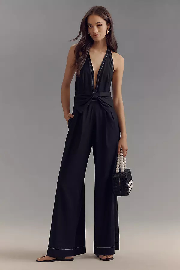 Maeve Linen Halter Bow Jumpsuit | Anthropologie (US)