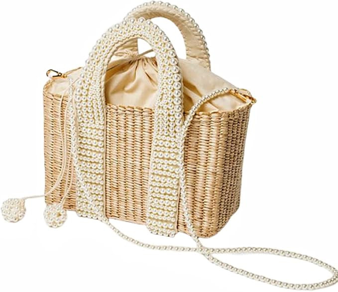 Fashion Pearls Handle Women Handbags Beaded Straw Bags Luxury Rattan Tote Wicker Woven Large Summ... | Amazon (US)