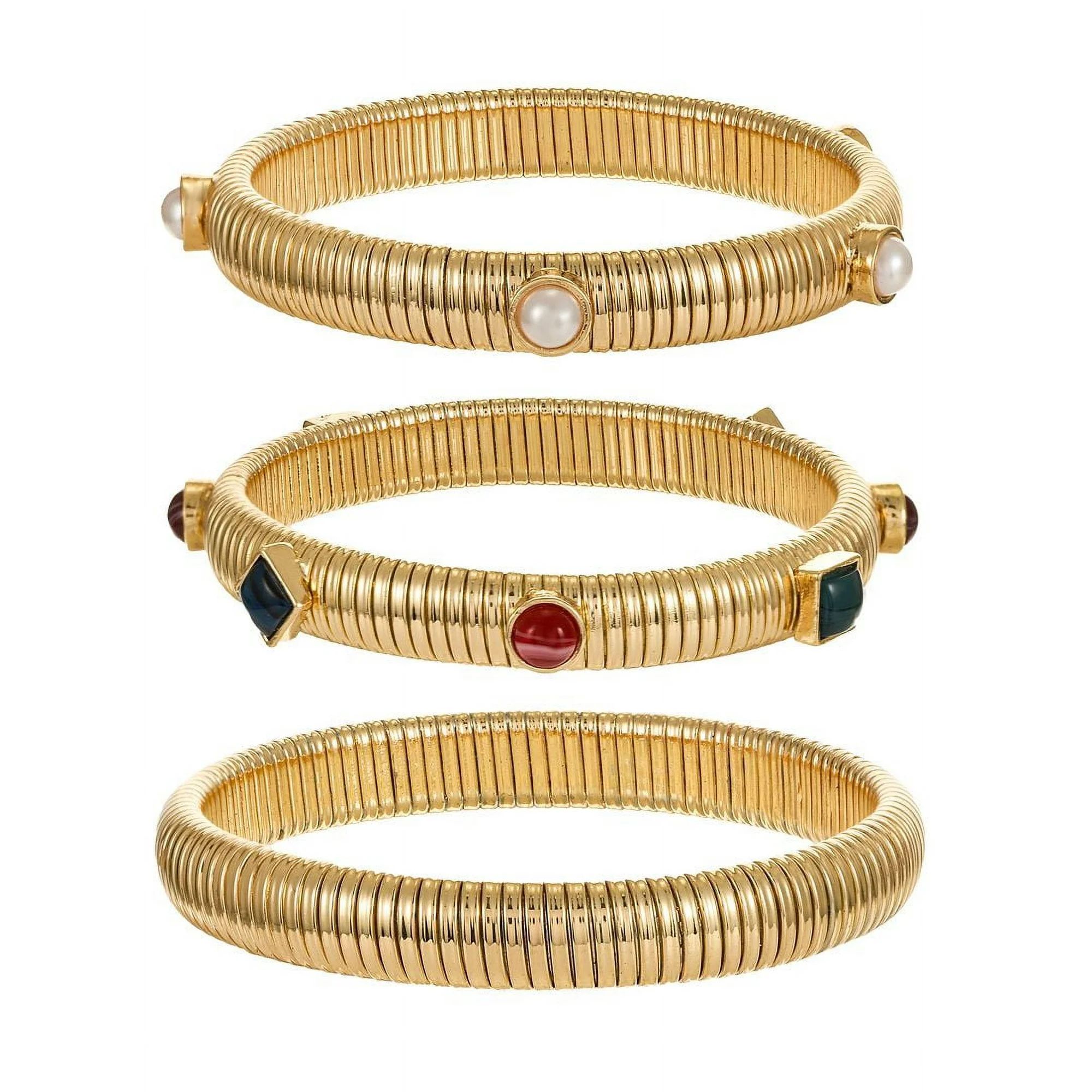 Time and Tru Goldtone Bangle Bracelet Set, Multicolored Stone Accents, Female, 3 Bracelets | Walmart (US)