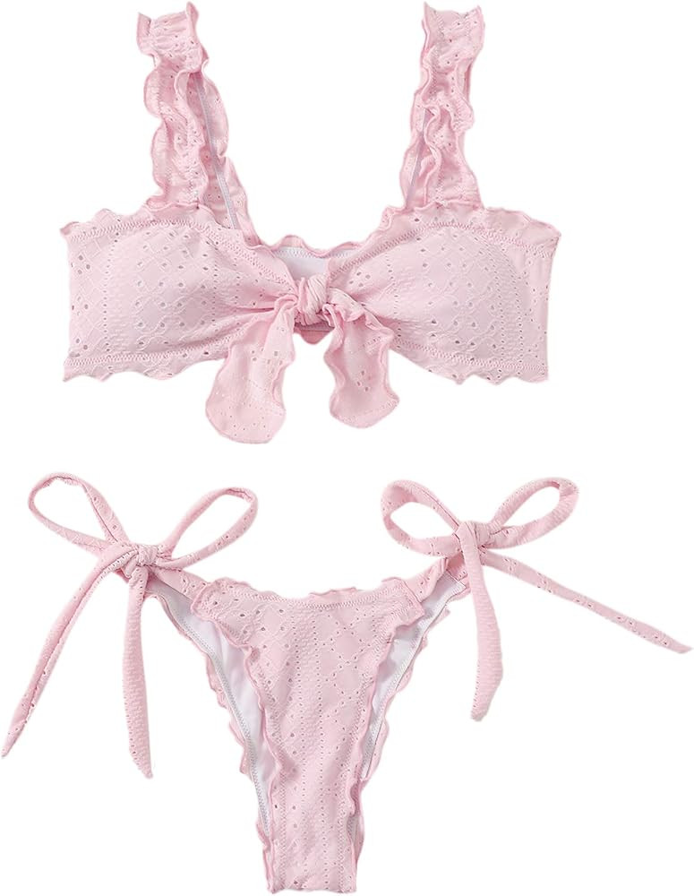 SheIn Women's Frill Bikini Top with Tie Side Panty 2 Piece Swimsuit Bathing Suits | Amazon (US)