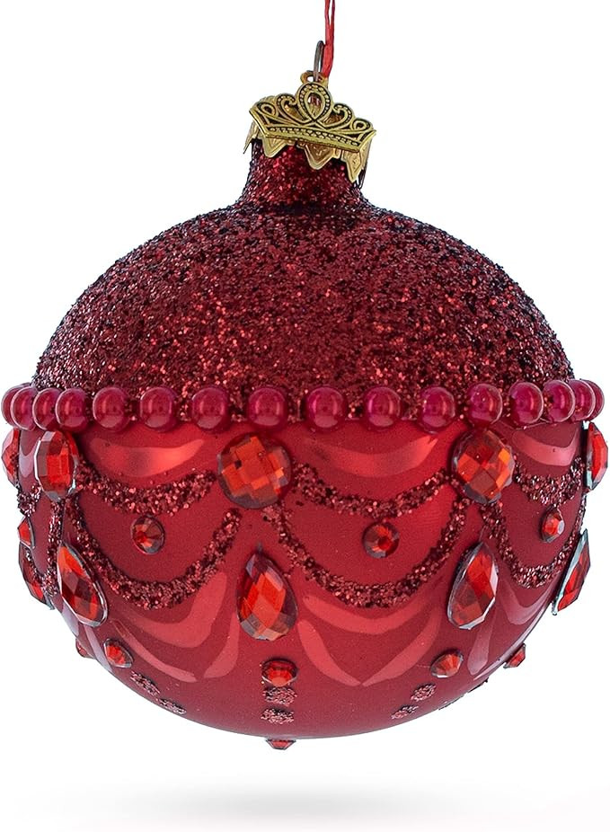 Bejeweled Chandelier Design on Red Hand-Painted Blown Glass Ball Christmas Ornament 3.25 Inches | Amazon (US)