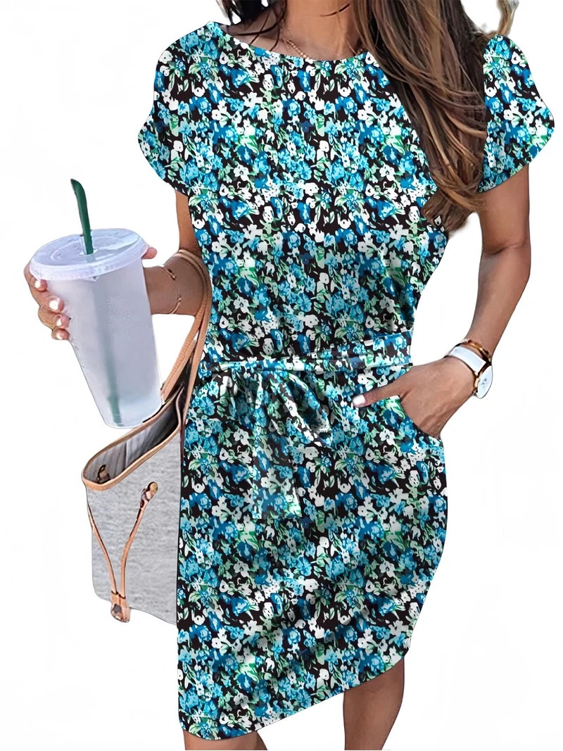 UVN Summer Dresses for Women Striped T Shirt Dress Casual Midi Dress Short Sleeve Sundress with P... | Walmart (US)