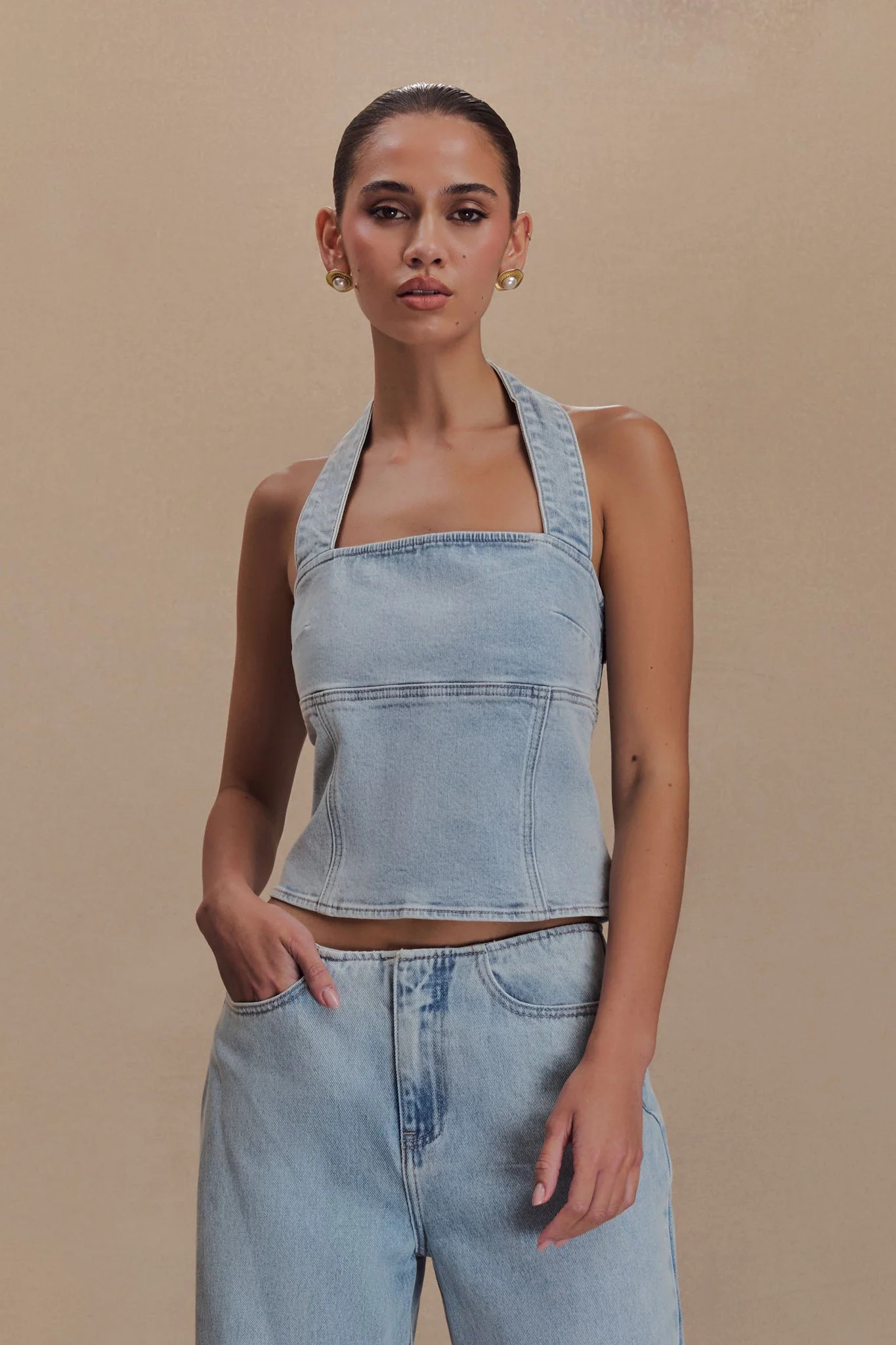 Dayna Denim Halter Top - Light Blue | Meshki UK