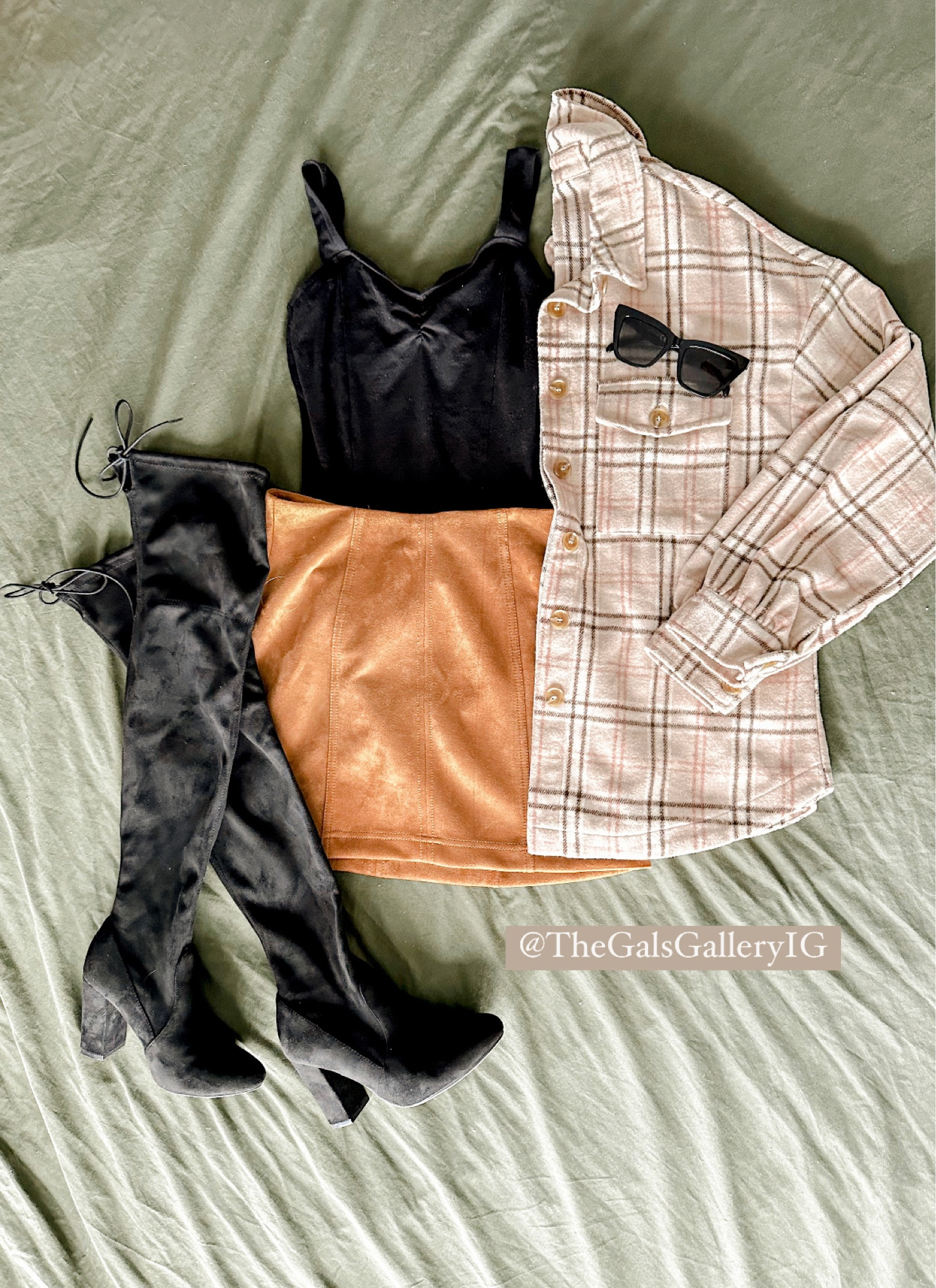 Shacket
Tan skirt 
Black leotard
High black boots
Black sunglasses 

#LTKSeasonal #LTKshoecrush #LTKstyletip