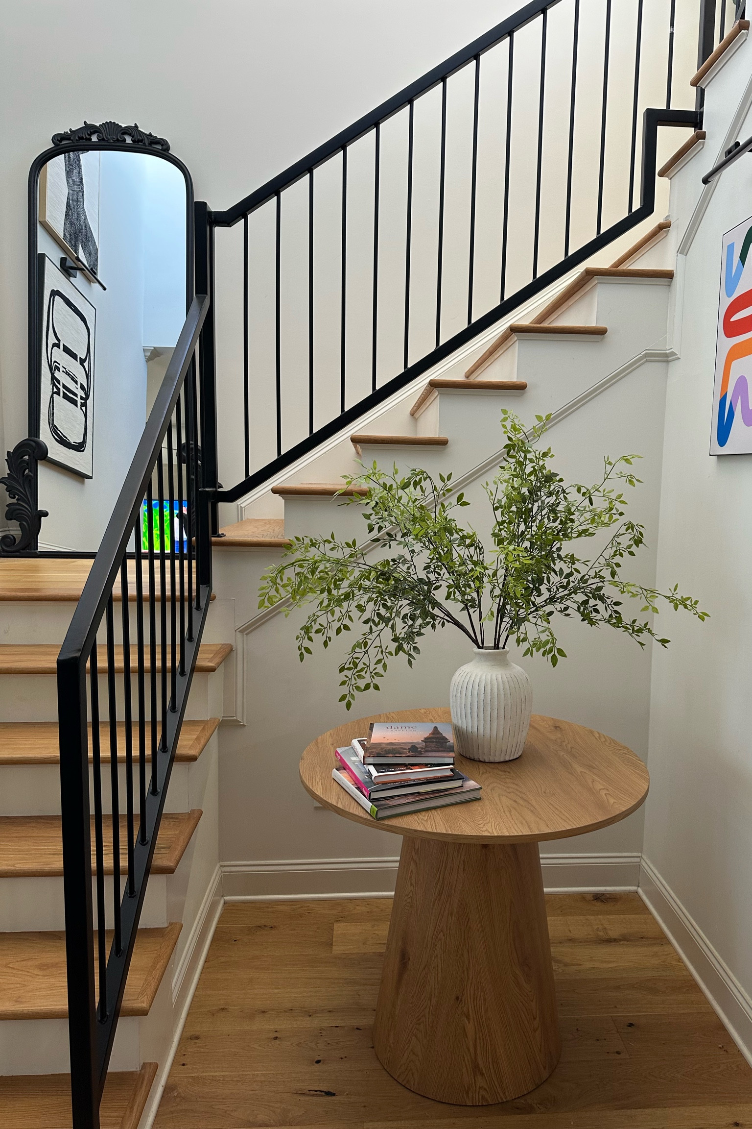 Modern entryway staircase decor in my home.

TheJalesaNicole, coffee table books, black metal ornate full length mirror, eucalyptus branches, picture lights

#LTKStyleTip #LTKHome #LTKFindsUnder100