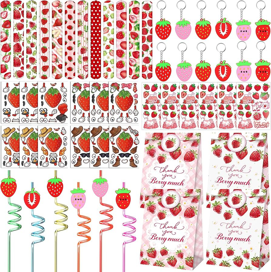 Strawberry Party Favor 72 PCS Sweet Berry Slap Bracelets DIY Stickers Temporary Tattoos Keychain ... | Amazon (US)
