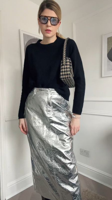 Metallic skirt, silver skirt, Karen millen skirt, houndstooth bag, anime bing bag, black boots, jenni maybe jumper, cashmere jumper 

#LTKover40 #LTKVideo #LTKeurope