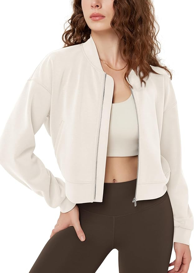 ODODOS Modal Soft Full-Zip Bomber Jacket for Women Long Sleeve Casual Fall Outfit Crop Top with P... | Amazon (US)