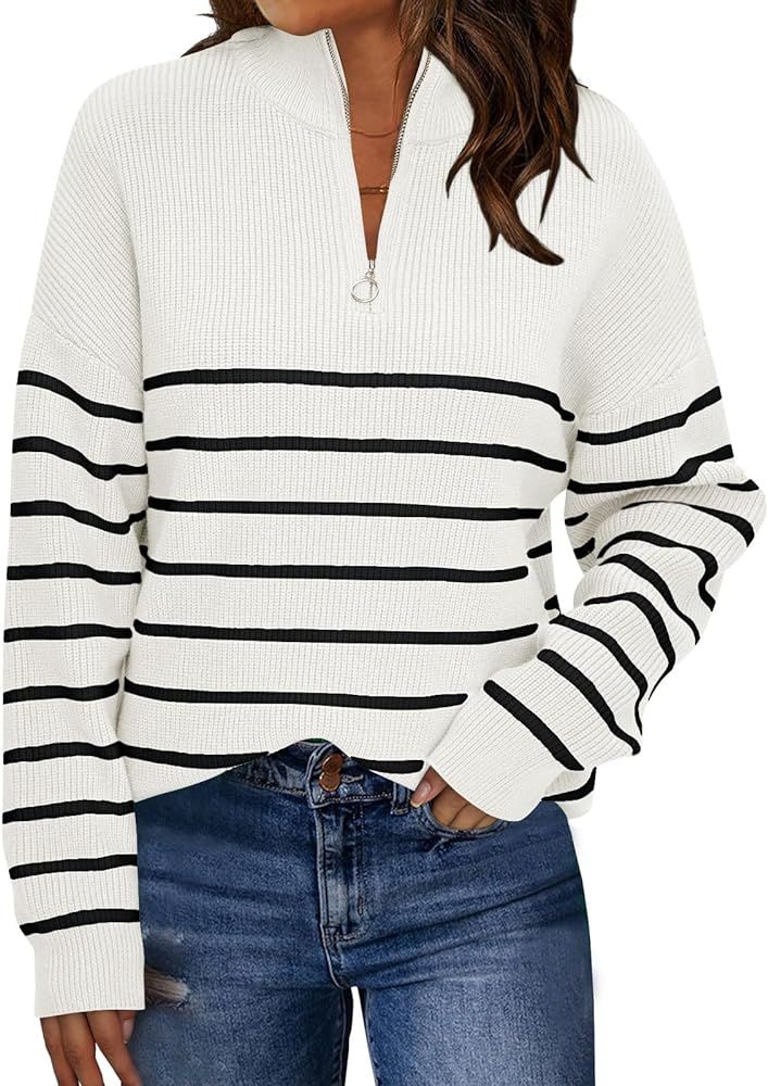LILLUSORY Women's Quarter Zip Striped Oversized Collar Pullover Sweater Knit Warm Clothes for Win... | Amazon (US)