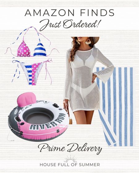 Prime delivery 
Get it by Memorial Day Weekend! 
Flag bikini pink and blue 
Pink river raft tube boat float 
Blue and white stripe beach towel 
Bathing suit Cover up sale 

#LTKsalealert #LTKswim #LTKfindsunder50