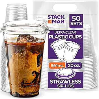 20 oz. Clear Cups with Strawless Sip-Lids, [50 Sets] PET Crystal Clear Disposable 20oz Plastic Cu... | Amazon (US)
