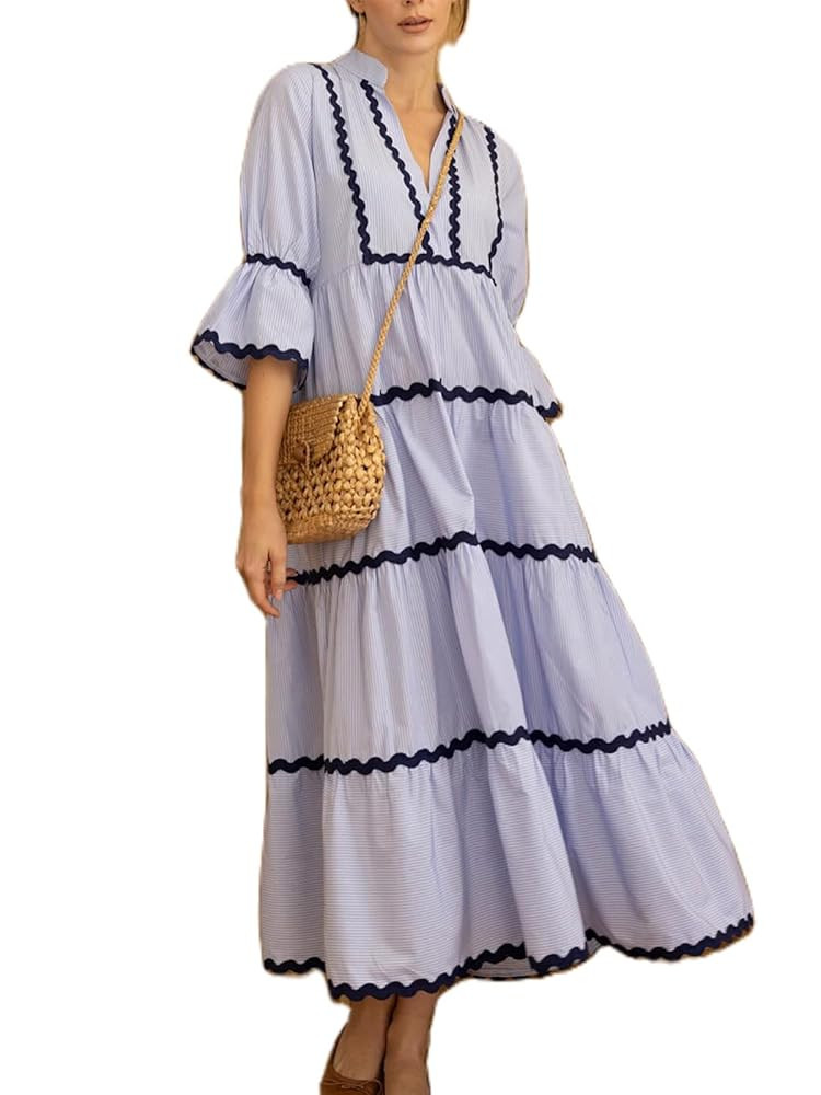 utcoco Women's Summer Beach Vacation Boho Striped RIC Rac Dress Flutter 3/4 Sleeve Tiered A Line ... | Amazon (US)