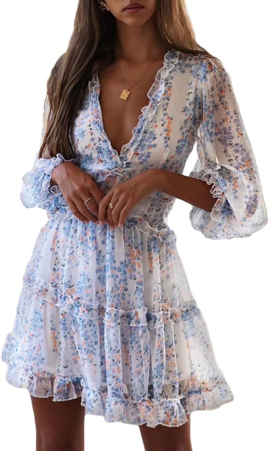 Dokotoo Womens Spring Summer Deep V Neck Ruffle Long Sleeve Floral Print Mini Dress | Amazon (US)