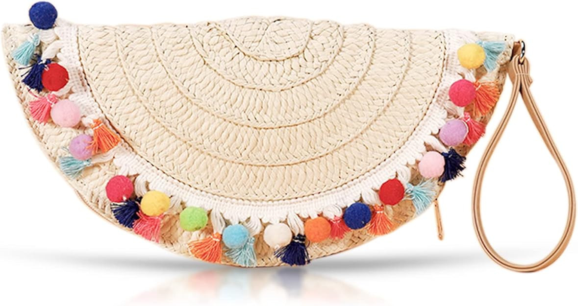 Bohemian Straw Beach Bag, Clutch Purses, Colorful fur balls and tassels Handmade Woven Purse, Tas... | Amazon (US)