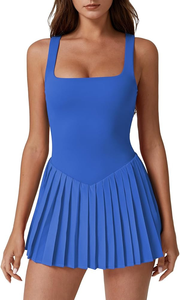 QINSEN Womens Square Neck Tennis Dress Pleated Sleeveless Built in Shorts Golf Athletic Dress wit... | Amazon (US)