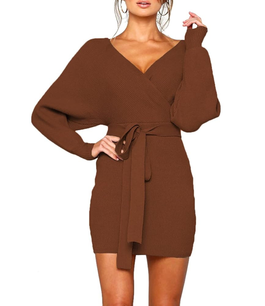 Mansy Women's Sexy Cocktail Batwing Long Sleeve Backless Mock Wrap Knit Sweater Mini Dress | Amazon (US)
