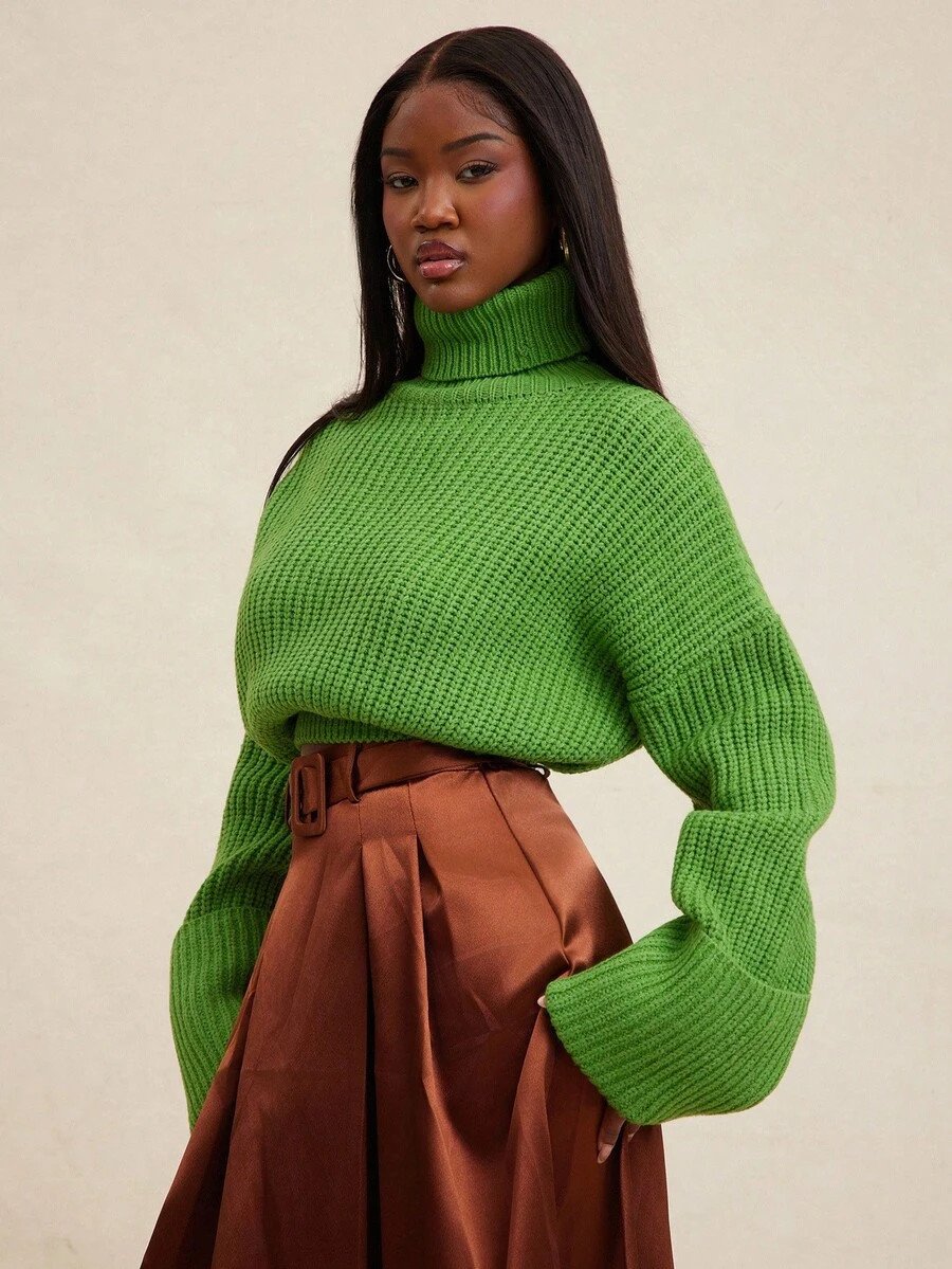 NYA SZN Top Long Sleeve Turtle Neck Crop Oversized Rib Knit Stretch Cinch Everyday Casual Streetw... | SHEIN