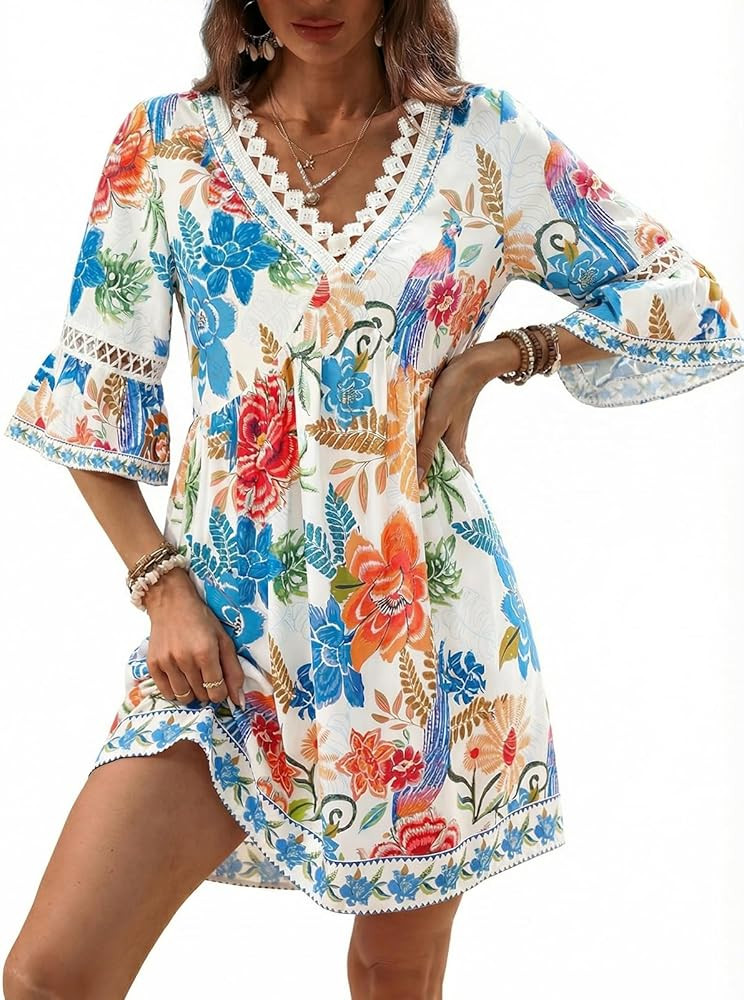 CUPSHE Women V Neck Lace Trim Mini Summer Dress Cover Up 3/4 Sleeve Ruffled Cuff Casual Sundress ... | Amazon (US)