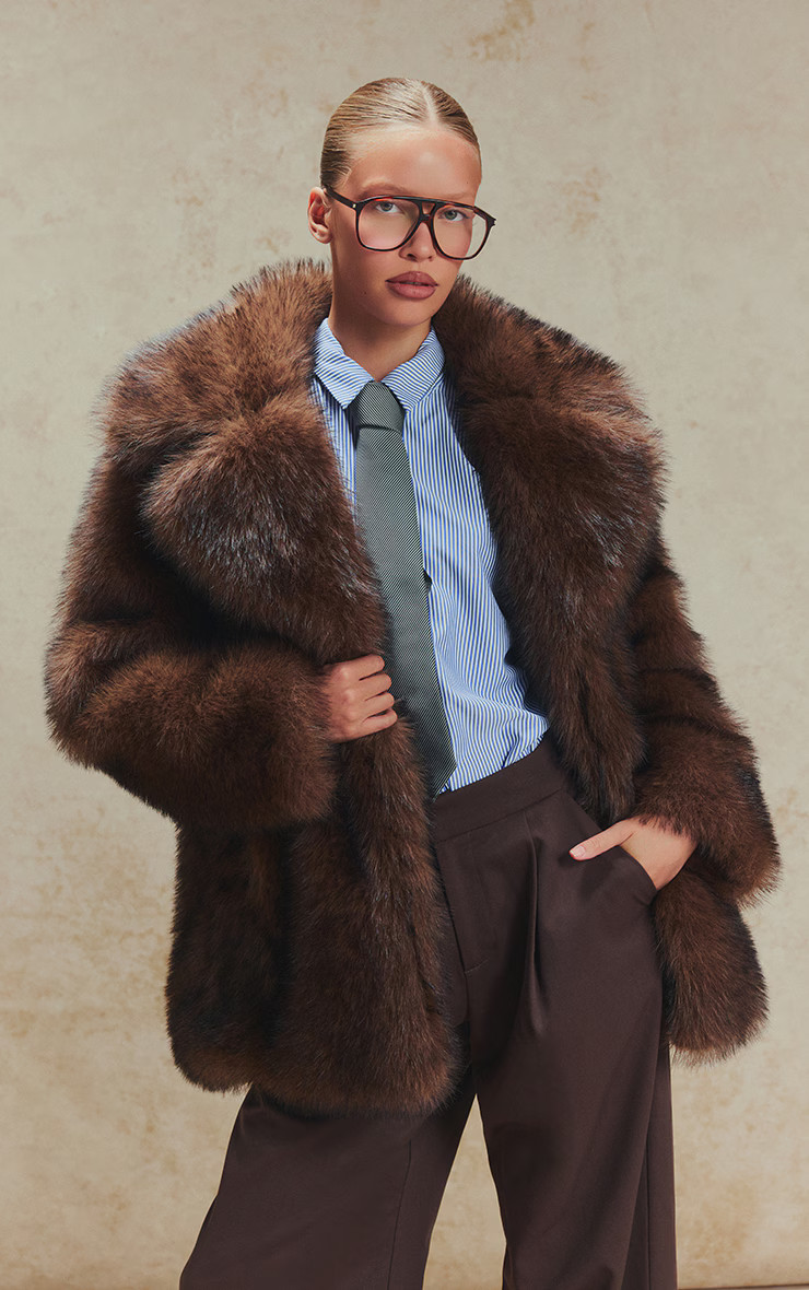 Brown Oversized Midi Faux Fur Coat | Outerwear | PrettyLittleThing US