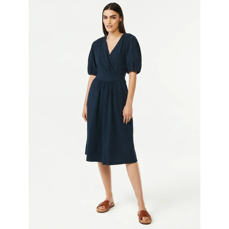Free Assembly Women's V-Neck Faux Wrap Midi Dress | Walmart (US)