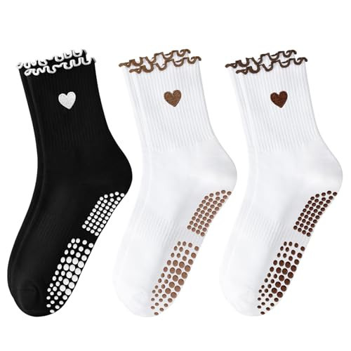 FIYIGO Pilates Yoga Grip Socks for Women, Heart-Patterned Ruffled Crew Socks Ideal for Fitness, Ballet Bar Work&Dance 3 Pairs Heart (Black + White Apricot + White Coffee) | Amazon (US)
