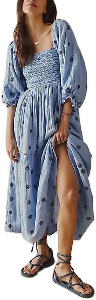 Boho Floral Puff Sleeve Dresses for Women 2024 Y2k Embroidered Flowy Smocked Maxi Dress Square Ne... | Amazon (US)