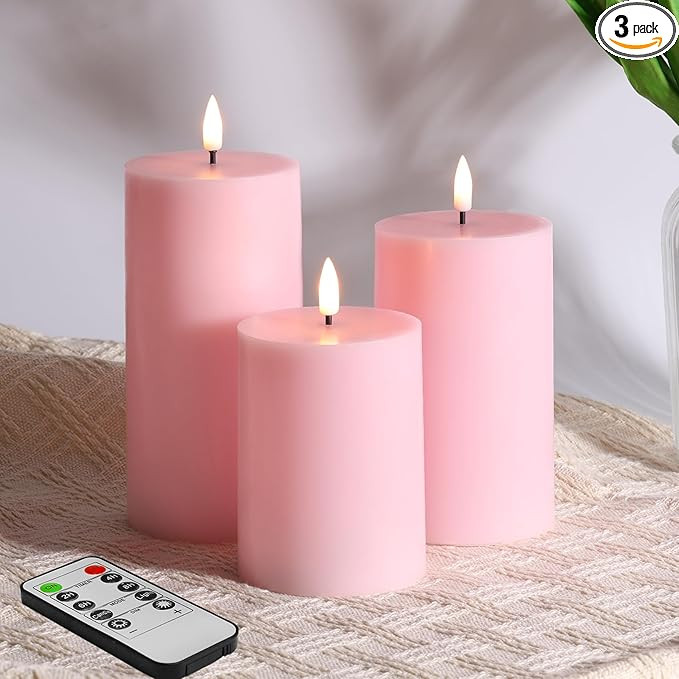 Pink Flameless Pillar Candles with Remote, Real Wax Flickering Battery Operated LED Candles Φ 3"... | Amazon (US)