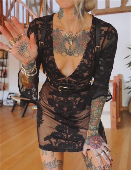 sheer embroidered dress x leather harness 