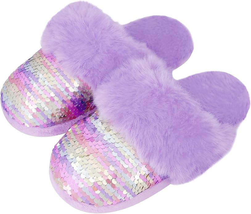 Girls Plush House Slippers Fluffy Sequin Slippers, Cute Faux Fur Slip-on Shoes Memory Foam House ... | Amazon (US)