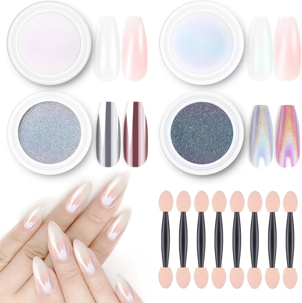 Artdone Chrome Nail Powder Magic White Pearl Kit Mirror Effect Silver Metallic Holographic Dip Na... | Amazon (US)