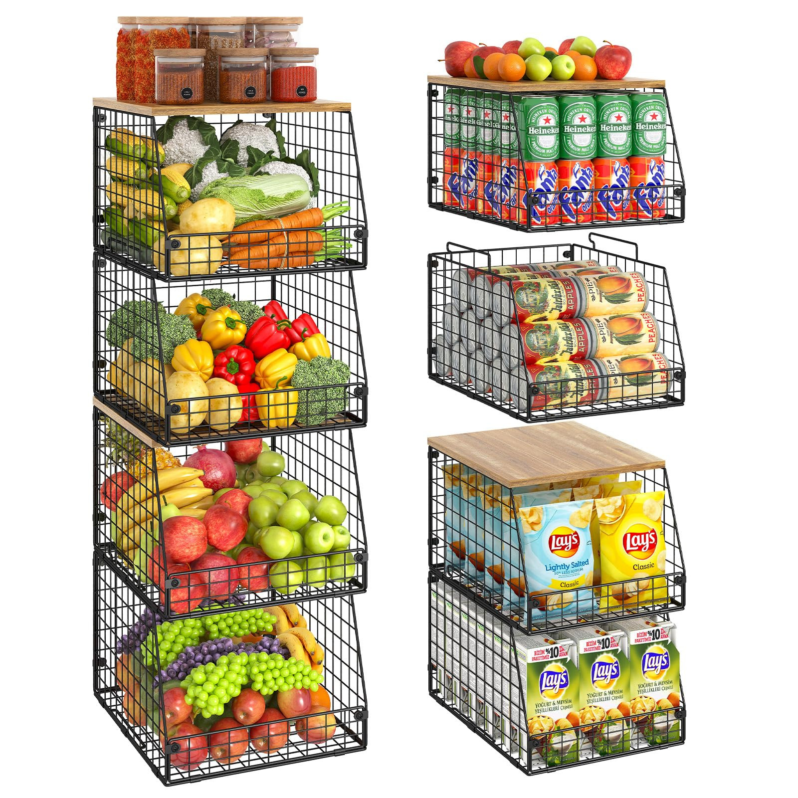 4 Pack Stackable Wire Baskets with Fixed Wooden Top, Vegetable Fruit Storage Bins for Onion Potat... | Amazon (US)