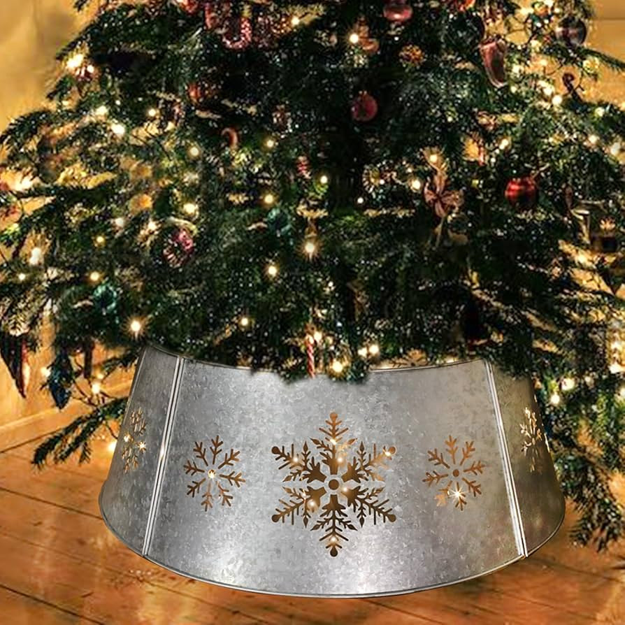 29" Galvanized Metal Christmas Tree Collar with String Lights, Snowflake Diecut Christmas Tree Co... | Amazon (US)
