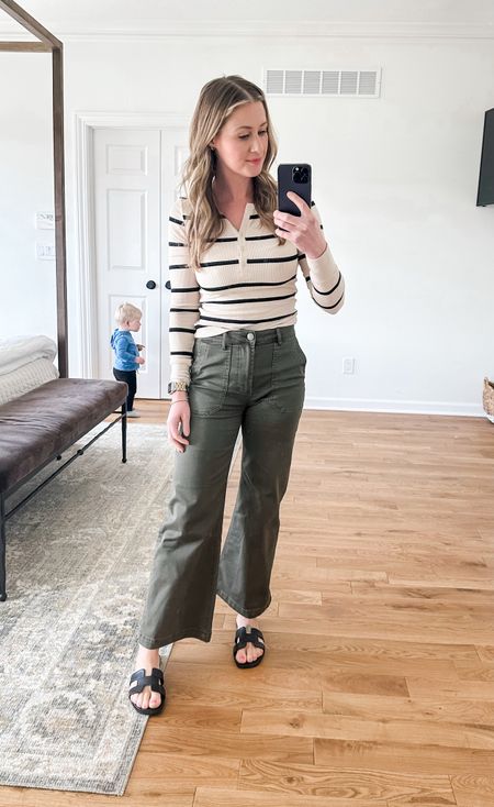 New picks from this week! Olive wide leg pants and a classic striped long sleeve tee (clearance, and comes in navy too!).

#LTKfindsunder100 #LTKsalealert #LTKSeasonal