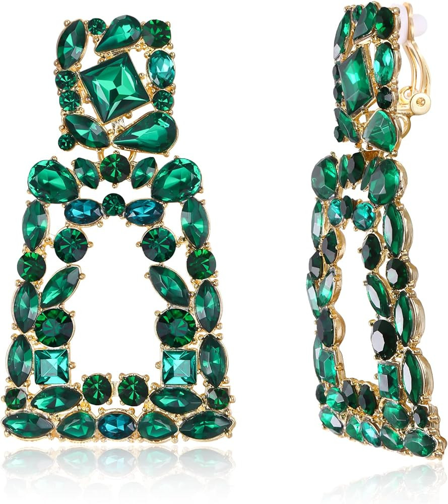 Flyonce Rectangle Clip-on Drop Earrings for Women, Sparkly Rhinestone Crystal Geometric Statement... | Amazon (US)