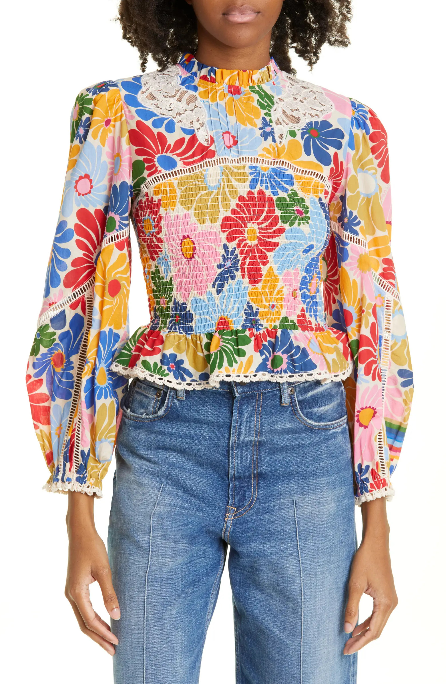 FARM Rio Sunny Daisies Smocked Cotton Peplum Blouse | Nordstrom | Nordstrom