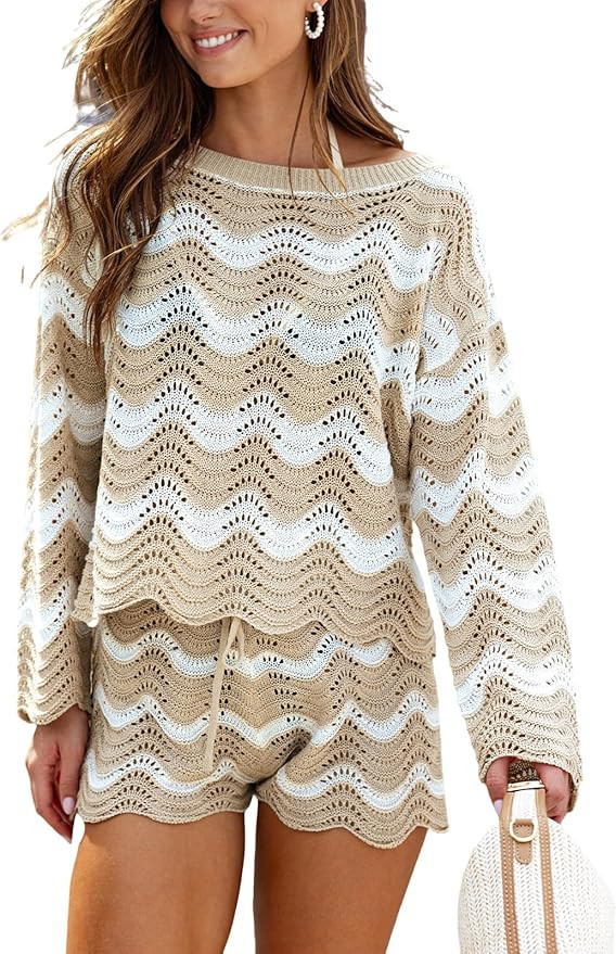 CUPSHE Women's Crochet Cover Up Long Sleeve Striped Beach Cover Up Top Summer Casual Knit Tops fo... | Amazon (US)