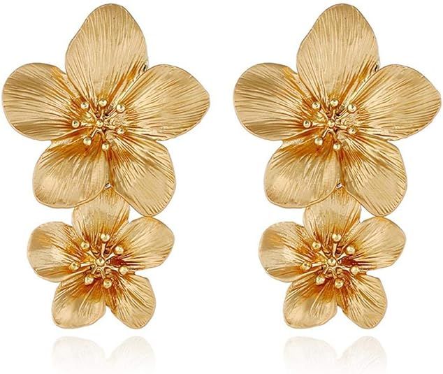 Large Double Flower Earrings Candy Color Metal Flower Dangle Earrings Romantic Boho Sweet Gold Ch... | Amazon (US)