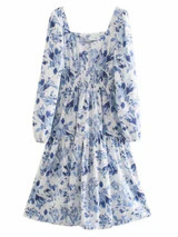 'Emily' Square Neck Blue & White Floral Midi Dress | Goodnight Macaroon
